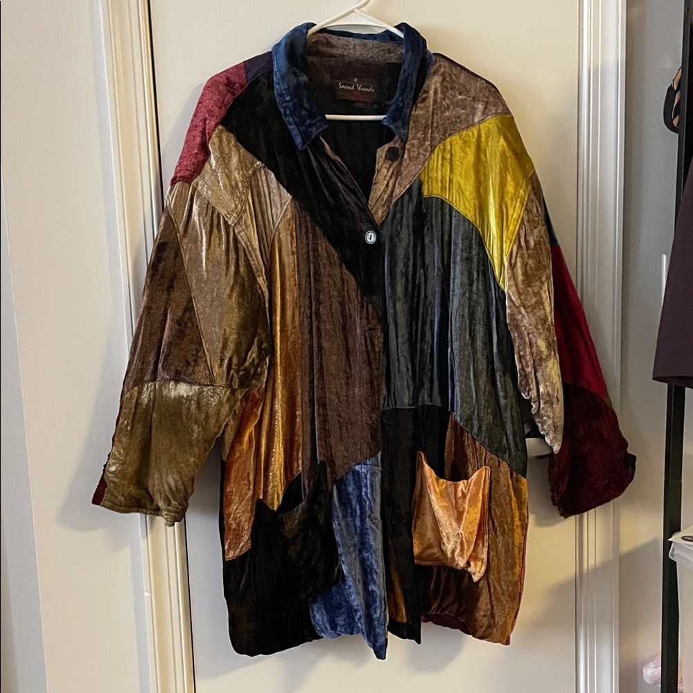 Vtg Sacred Threads colorblock velvet shirtjacket